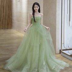 Prom dress/dresses · Little Cute · Online Store Powered by Storenvy Light Green Floor Length Dress, Princess Ball Gowns Green, Princess And The Frog Inspired Dress, Light Green Formal Dresses, Princess Tiana Inspired Prom Dress, Prom Dress Light Green, Light Green Dress Formal, Light Green Princess Dress, Light Green Ball Gown