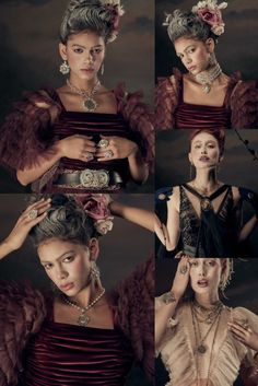 four different pictures of a woman in an evening dress with feathers on her head and wearing jewelry