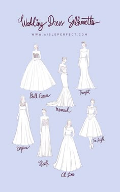 the wedding dress silhouettes are shown in different styles and sizes, including one for each bride