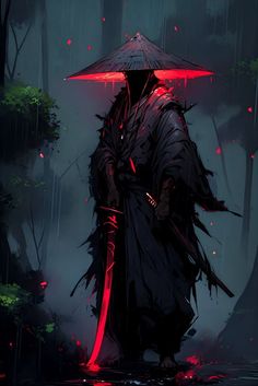 a man with an umbrella standing in the rain holding a red light up umbrella over his head