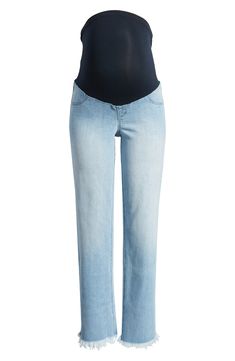 Keep your style relaxed in these full-length, low-stretch jeans made with a stretchy over-the-bump waistband for secure support throughout each trimester. 32" inseam; 15 1/2" leg opening 99% cotton, 1% spandex Machine wash, tumble dry Imported Denim Maternity Wear Bottoms, Maternity Denim Bottoms Bump Friendly, Bump Friendly Maternity Denim Jeans, Maternity Bump Friendly Denim Jeans, Stretch Denim Maternity Bottoms, Casual Maternity Denim Bottoms, Maternity Denim Bottoms In Medium Wash, Maternity Wear Medium Wash Denim Bottoms, Comfort Stretch Straight Leg Denim Jeans