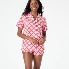 Laidback Weekends And The Jemina Lulu Set Go Together Like Avocado And Toast. This Adorable Cotton Short Set In A Bright Red And Pink Print Includes Shorts With Split Sides And A Classic Short-Sleeve Button-Up Top With A Front Pocket. 100% Cotton Machine Wash Cold On A Delicate Cycle, Mesh Bag Recommended Line Dry Tumble Dry Low Warm Iron If Needed Made In India Red Short Sets For Loungewear, Red Short Summer Sleepwear, Lulu Set, Avocado And Toast, Pink Monkeys, Lulu Shorts, Blue Monkey, Roller Rabbit, Cotton Pajama Sets