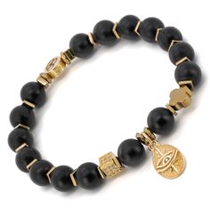 The Black Onyx Stone Gold Evil Eye Beaded Bracelet is a stunning piece of handmade jewelry that incorporates a variety of beautiful and meaningful elements. These elements create a unique piece of jewelry that is perfect for anyone who wants to add a touch of elegance, protection, and spiritual energy to their daily life. The Onyx Unique Eye Bracelet is a perfect accessory to wear on its own or to layer with other bracelets for a personalized and stylish look. The spiritual eye is a symbol of pr Spiritual Onyx Beads Jewelry 8mm, Spiritual Onyx Beaded Bracelets, Black Agate Bohemian Bracelets, Bohemian Black Agate Bracelets, Spiritual Onyx Beaded Bracelets Gift, Black Beaded Agate Jewelry, Handmade Symbolic Black Beaded Bracelets, Hand-strung Onyx Bracelets As A Gift, Handmade Onyx Beaded Spiritual Bracelets