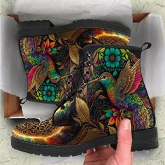 Golden Hummingbird Mandala Leather Boots For Men And Women, Gift For Hippie Lovers, Hippie Boots, Lace Up Boots Hippie Boots, Colorful Owl, Colorful Owls, Mens Leather Boots, Women Boots, Boots Women, Handcrafted Leather, Heels Shoes, Classic Silhouette