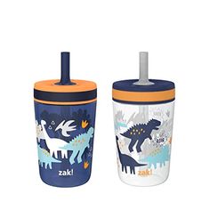 two children's sippy cups, one with dinosaurs and the other has an orange lid