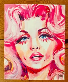 a painting of a woman with pink hair