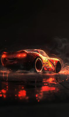 a red car with flames coming out of it