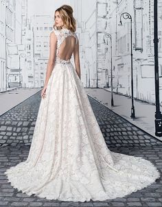 a woman in a wedding dress is standing on the street with a cityscape behind her