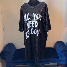 Sequined In Black With Printed Lettering Oversized Jersey Or Mini Dress Depending On Bust Can Fit Up To 2x Sized Xxl Fits More Like Xl If Worn Looser All You Need Is Love Oversized Jersey, All You Need Is Love, All You Need Is, Womens Tops, Black White, Mini Dress, Black And White, Women Shopping, White