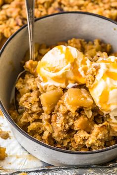 a close up of a bowl of food with ice cream