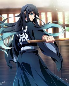 an anime character with long black hair holding a stick