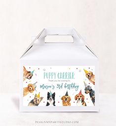 a white box with dogs on it that says puppy carrier mom's 3rd birthday