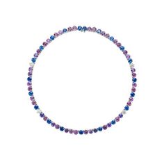 This necklace features a curation of 63 high quality round sapphires, ranging in color from blue to purple. The sapphires are counterbalanced by 4 round brilliant cut diamonds. The stones are set in 18KT white gold anda total weight of 50.96 carats. Purple Diamond Round Necklace, Purple Diamond Round Necklaces, Diamonds Direct, Diamond Tennis Necklace, Round Sapphire, Tennis Necklace, Sapphire Necklace, Round Pendant, High Jewelry