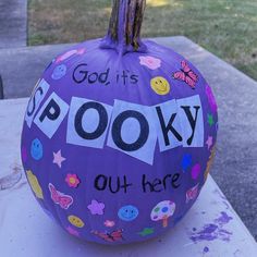 Purple pumpkin with words “god, it’s spooky out here” with Olivia Rodrigo stickers Halloween Pumpkin Painting Ideas, Cute Painted Pumpkin Ideas, Halloween Pumpkin Painting, Painted Pumpkin Ideas, Halloween Pumpkin Crafts, Creative Pumpkin Painting, Creative Pumpkin Decorating, Cute Pumpkin Carving, Halloween Pumpkin Carving Stencils