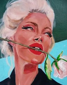 a painting of a woman holding a rose in her mouth