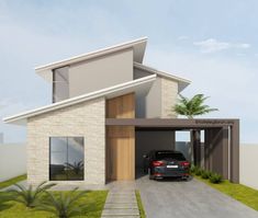 a black car is parked in front of a modern house with an open garage door