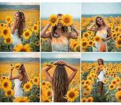 a woman standing in a field of sunflowers with her hands on her head