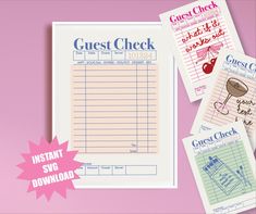 three printable guest check cards on top of a pink background with the words guest check