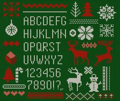 cross stitch alphabet and numbers in the style of christmas decorations on a green knitted background