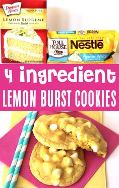 lemon burst cookies on a pink plate with candy bars in the background and text overlay that reads, 4 ingredients for lemon burst cookies