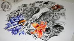 a drawing of a skull with flowers on it's side and another design in the background