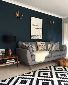 a living room with a gray couch and black and white rugs on the floor