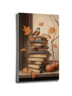 a painting of a bird sitting on top of a stack of books next to pumpkins