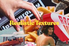 a collage of photos with the words realistic textures in red and white on it