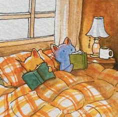 a watercolor painting of a cat laying in bed reading a book and drinking coffee