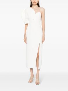 Acler Allister Column Midi Dress - Farfetch White One-shoulder Midi Dress For Cocktail, White One-shoulder Cocktail Midi Dress, White One Shoulder Midi Dress For Evening, White Asymmetrical Midi Dress For Formal Occasions, White Asymmetrical Neckline Midi Dress For Evening, White Midi Dress With Asymmetrical Neckline For Evening, White Chic Midi Dress With Asymmetrical Neckline, White Midi Dress With Side Slits, Midi Dress With Structured Shoulders For Dinner