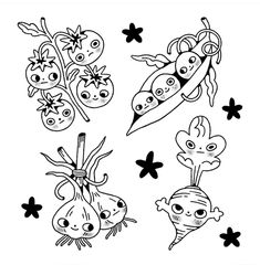 some vegetables are drawn in black and white