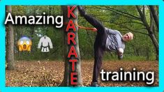 a man standing in the middle of a forest holding onto a pole with words reading amazing karate training