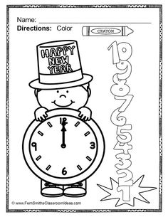 a happy new year coloring page with a boy holding a clock and the words happy new year on it