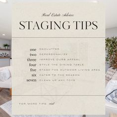 a living room filled with furniture and a sign that says staging tips on the wall