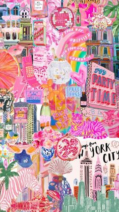 a collage of pink, green and blue items with the words new york city on them