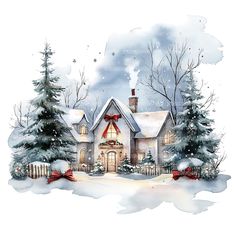 a watercolor painting of a house in the snow with trees and presents on it