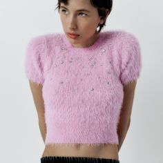 Fuzzy Cropped Top With Embellished Detail. Zara Rhinestone Tops For Night Out, Zara Fitted Tops With Rhinestones, Zara Fitted Rhinestone Tops, Pink Fitted Tops With Rhinestones, Fitted Pink Tops With Rhinestones, Zara Rhinestone Party Top, Spring Pink Rhinestone Tops, Glamorous Embellished Top For Winter, Winter Embellished Tops