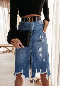 Plus Size Street Style, Ripped Denim Skirts, Denim Skirts Knee Length, Short Pollera, Womens Denim Skirts, Long Skirt Fashion, High Waisted Denim Skirt, Mid Skirt, Maxi Rok