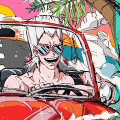 a drawing of a woman driving a car with palm trees in the background and an image of a man wearing sunglasses