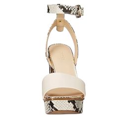 GUESS Los Angeles RIPPA Women's Platform Ankle Strap Heeled Sandals -New with Box -Brand: GUESS Los Angeles -Color: Ivory Multi/Gold -Size: 10M -Material: Faux Leather -Textured Snakeskin Synthetic -Heel Height: 5 Inch -Platform Height: 1 Inch -Block Heels -Square Toe -Comfort Padded Insole -Adjustable Ankle Strap -Buckle Closure -Made in China Summer High-heel Platform Slippers With Stacked Heel, Cream Open Toe Platform Wedge Sandals, Beige Open Toe Platform Slides, Beige Ankle-high Platform Heels, Synthetic Open Toe T-strap Platform Sandals, Leather Texture, Ankle Strap Sandals, Snake Skin, Strap Sandals