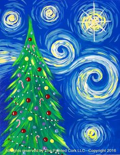 a painting of a christmas tree with stars in the sky