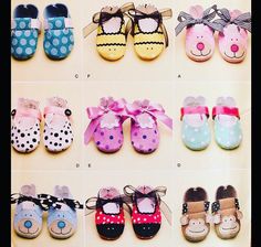 several pictures of baby shoes with different colors and designs on them, all in various sizes