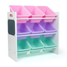 a toy shelf with several bins on it