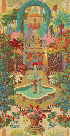 a painting of a fountain surrounded by flowers and trees