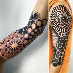 two different tattoos on one arm and the other with geometric designs on it, both in black and white