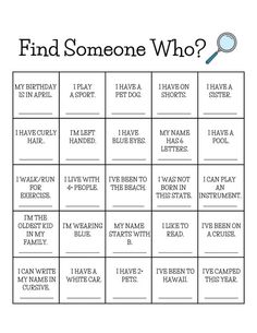 a printable game with words that say, find someone who?