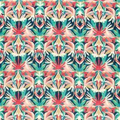 an abstract floral pattern in pink, blue and green