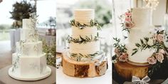 three different types of wedding cakes with flowers and greenery on the top tiers