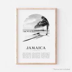 a black and white photo with the word jamaica on it in front of a palm tree