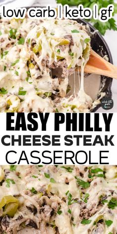 the cheese steak casserole has been cooked and is ready to be served in the skillet